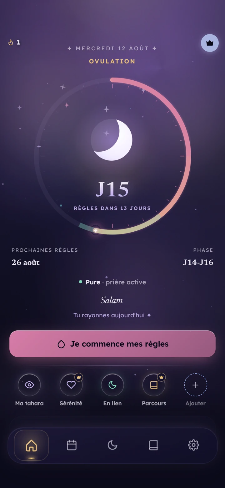 L'accueil de LunaCycle : la lune au centre d'un cadran qui suit le cycle, le jour J15, la date des prochaines règles, la mention « Pure, prière active » et le bouton « Je commence mes règles ».