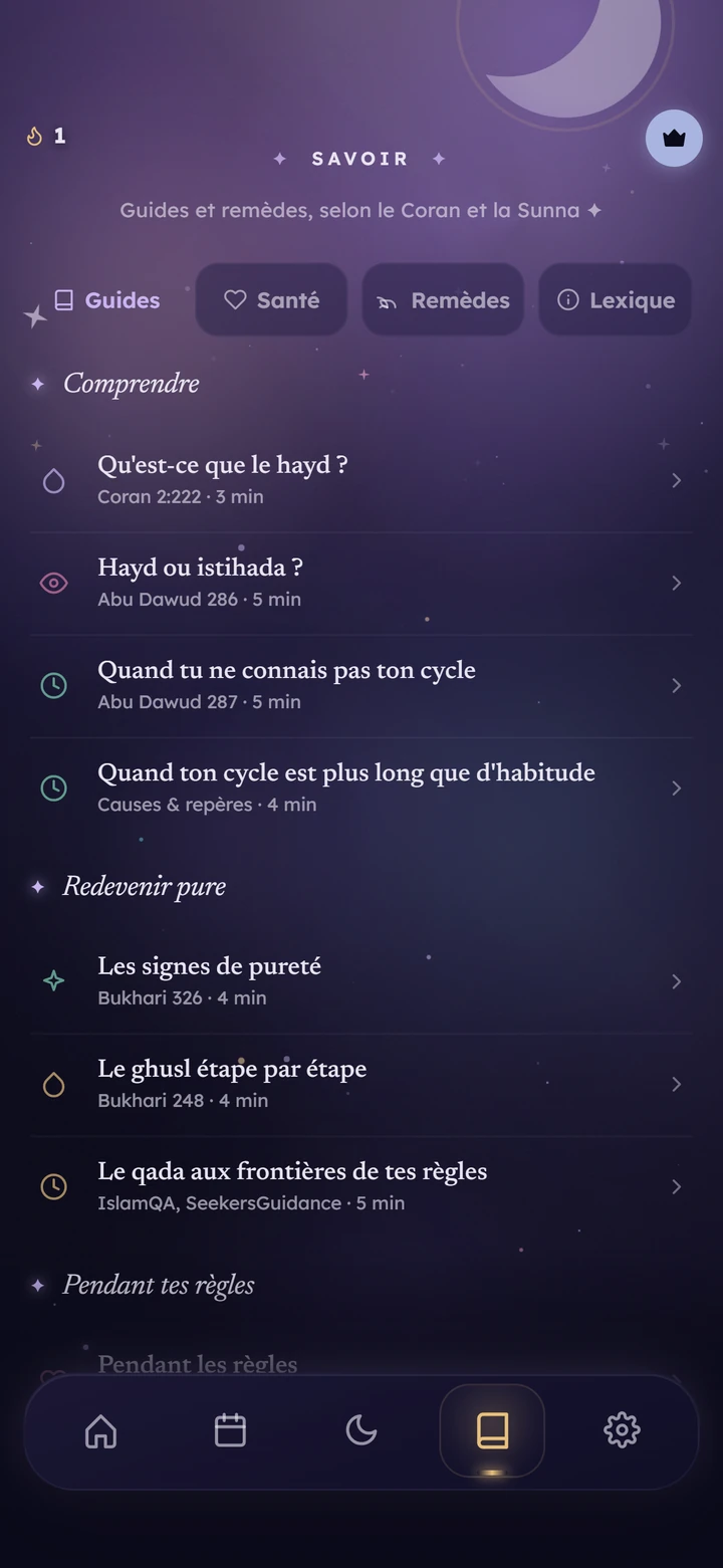 L'onglet Savoir : les guides « Les signes de pureté », « Le ghusl étape par étape » et « Le qada aux frontières de tes règles », chacun avec sa référence.